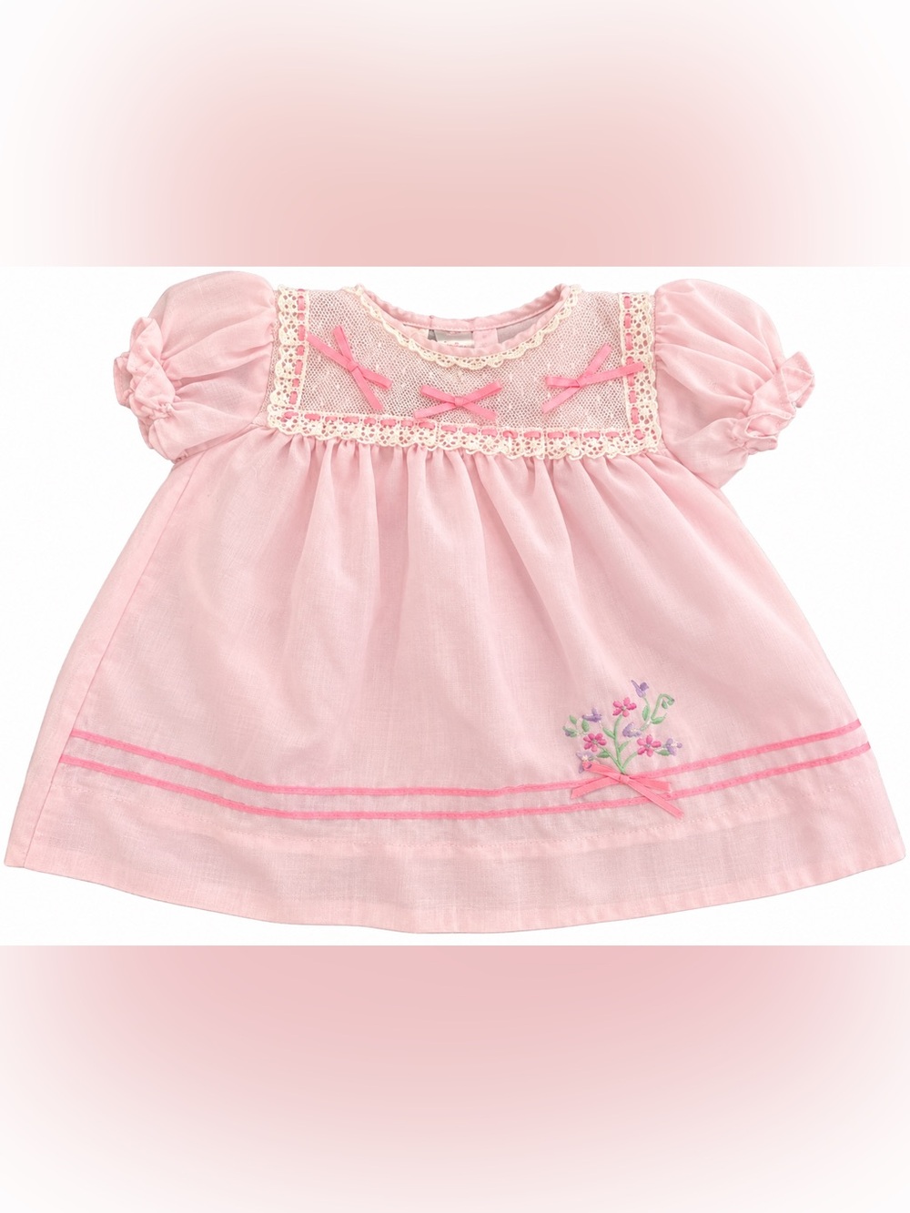 Vintage Newborn Pink Lace-Trimmed Baby Dress with Floral Embroidery